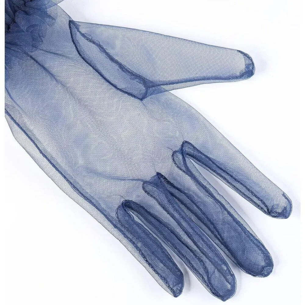 Women's Puffy Ruffle Navy Tulle Sheer Mesh Party Prom One Size Short Gloves